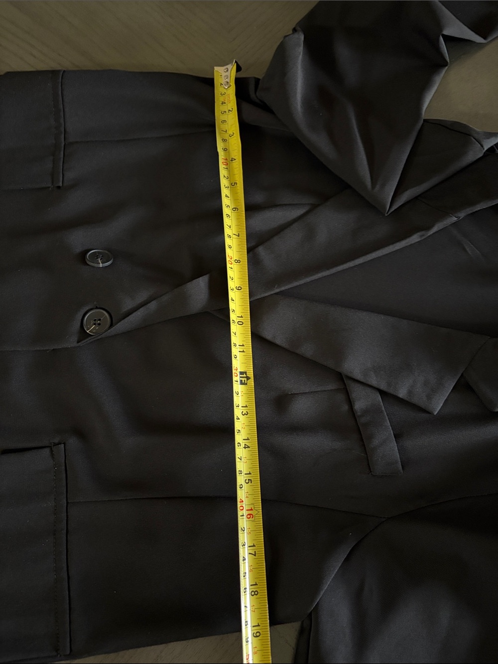 Black Double-Breasted Blazer with Plaid Cuff Trim - Picture 13 of 16